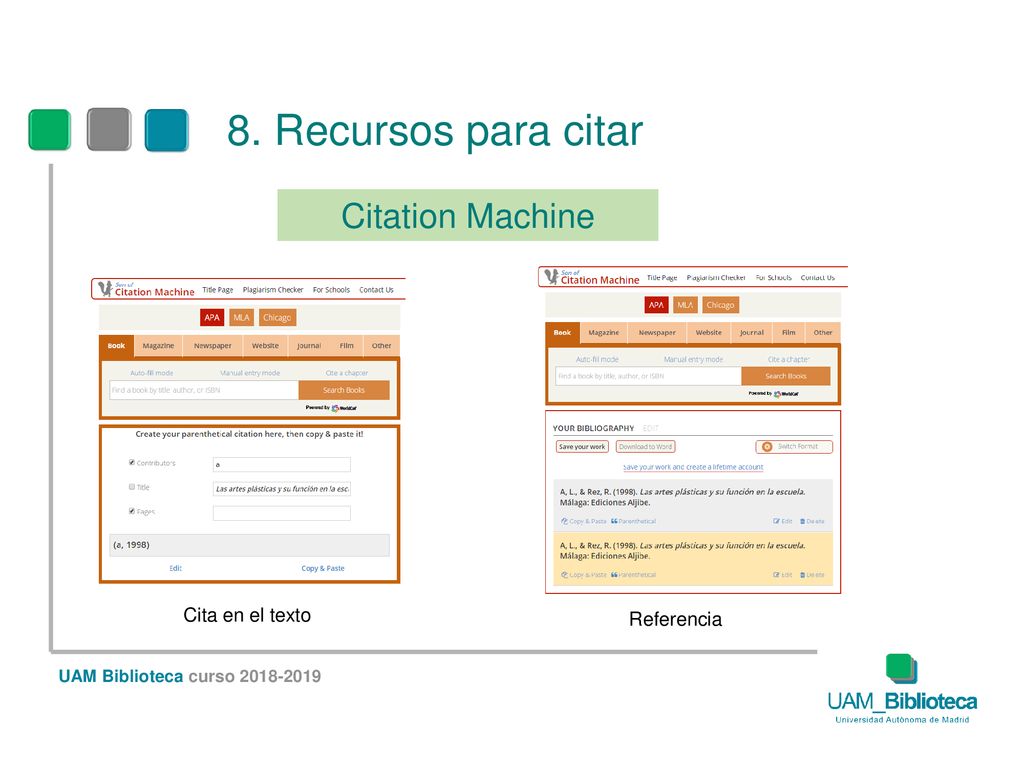 8. Recursos para citar Citation Machine Cita en el texto Referencia