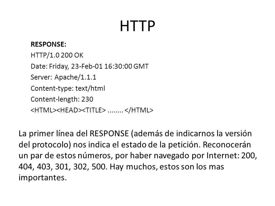 HTTP RESPONSE: HTTP/ OK. Date: Friday, 23-Feb-01 16:30:00 GMT. Server: Apache/ Content-type: text/html.