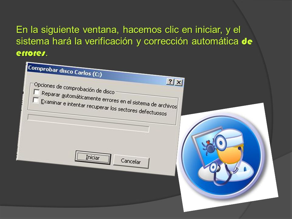 En la siguiente ventana, hacemos clic en iniciar, y el sistema hará la verificación y corrección automática de errores.