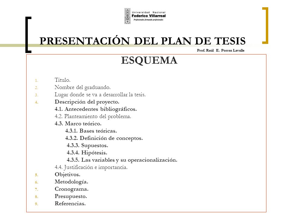PRESENTACIÓN DEL PLAN DE TESIS Prof. Raúl E. Porras Lavalle