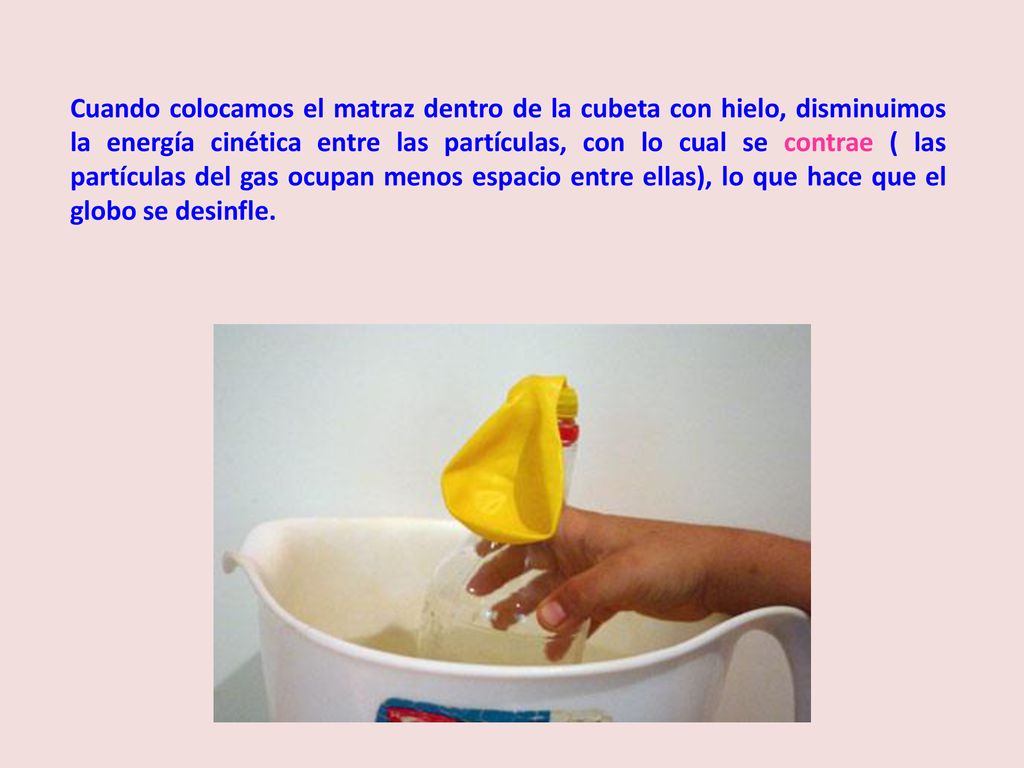 Cuando colocamos el matraz dentro de la cubeta con hielo, disminuimos la energía cinética entre las partículas, con lo cual se contrae ( las partículas del gas ocupan menos espacio entre ellas), lo que hace que el globo se desinfle.
