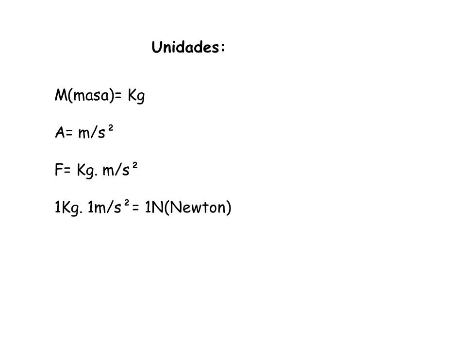 Unidades: M(masa)= Kg A= m/s² F= Kg. m/s² 1Kg. 1m/s²= 1N(Newton)