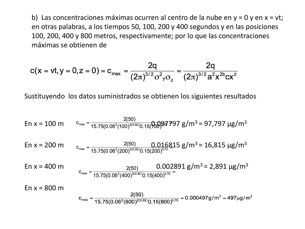 b) Las concentraciones máximas ocurren al centro de la nube en y = 0 y en x = vt; en otras palabras, a los tiempos 50, 100, 200 y 400 segundos y en las posiciones 100, 200, 400 y 800 metros, respectivamente; por lo que las concentraciones máximas se obtienen de