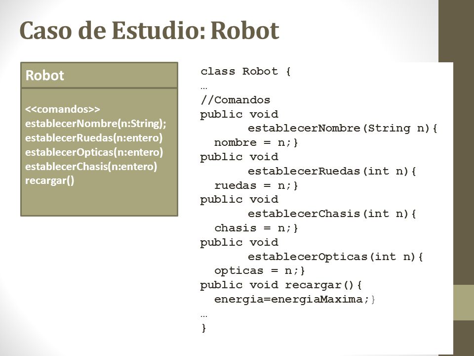 Caso de Estudio: Robot Robot class Robot { … //Comandos public void