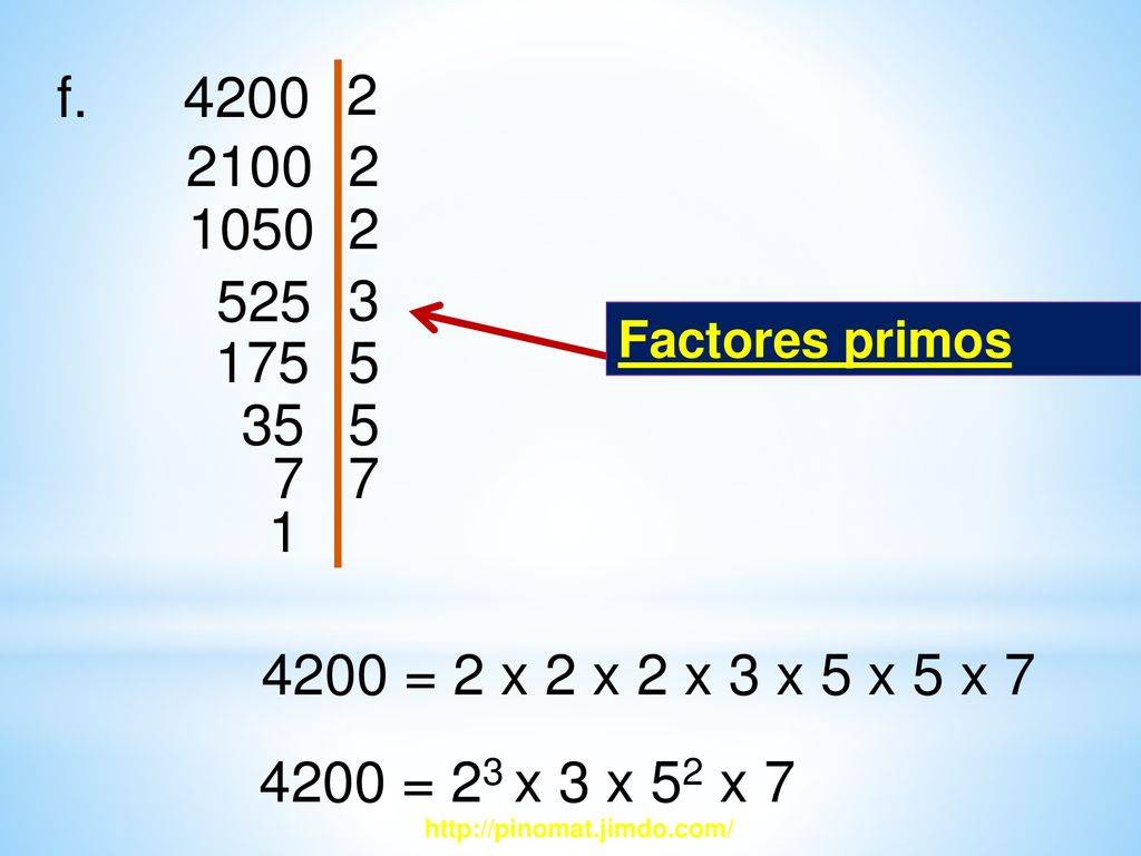 f Factores primos = 2 x 2 x 2 x 3 x 5 x 5 x 7.