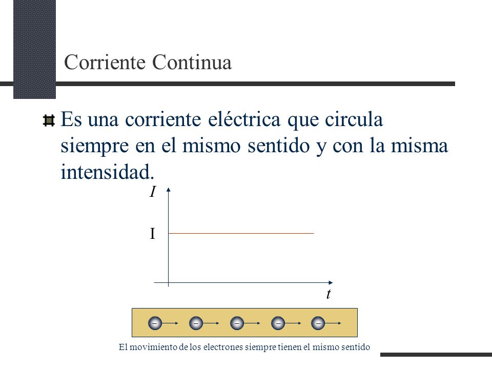 Corriente Continua Es una corriente eléctrica que circula siempre en el mismo sentido y con la misma intensidad.