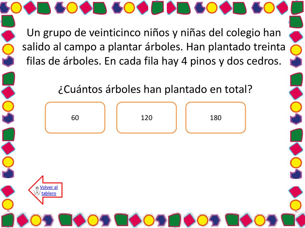 Un grupo de veinticinco niños y niñas del colegio han salido al campo a plantar árboles. Han plantado treinta filas de árboles. En cada fila hay 4 pinos y dos cedros. ¿Cuántos árboles han plantado en total