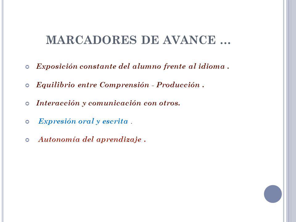 MARCADORES DE AVANCE … Exposición constante del alumno frente al idioma . Equilibrio entre Comprensión - Producción .