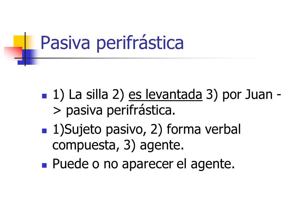 Pasiva perifrástica 1) La silla 2) es levantada 3) por Juan -> pasiva perifrástica. 1)Sujeto pasivo, 2) forma verbal compuesta, 3) agente.