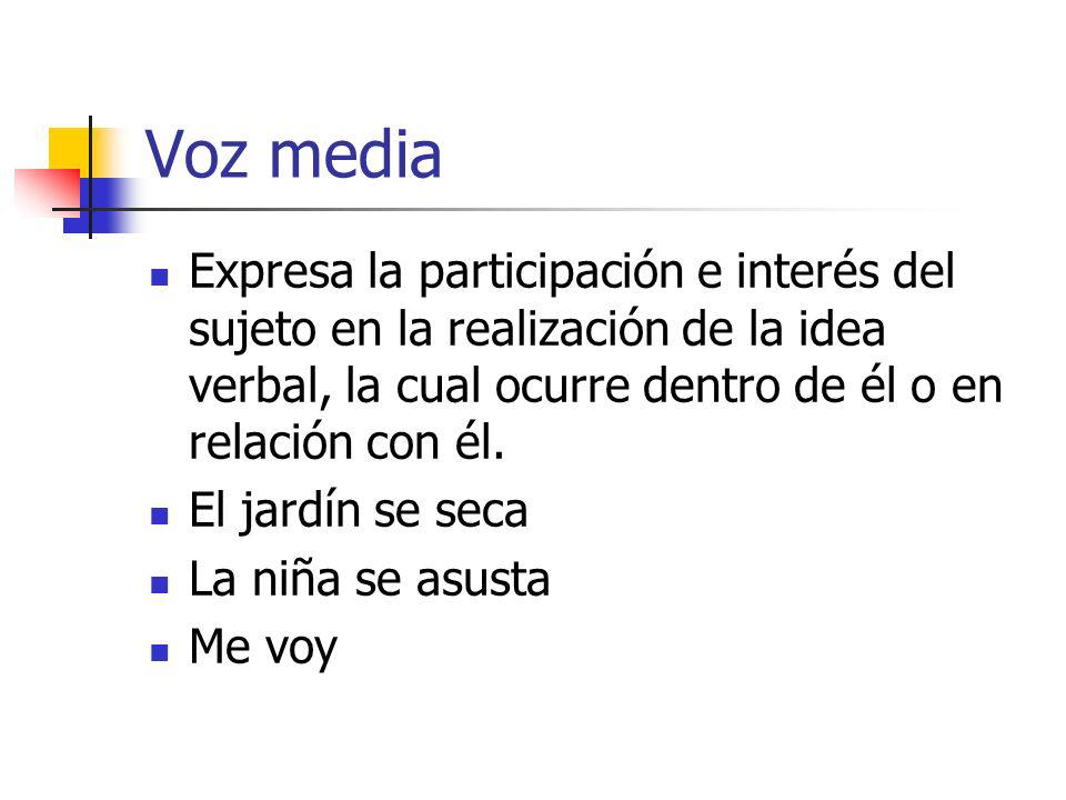 Voz media Expresa la participación e interés del sujeto en la realización de la idea verbal, la cual ocurre dentro de él o en relación con él.