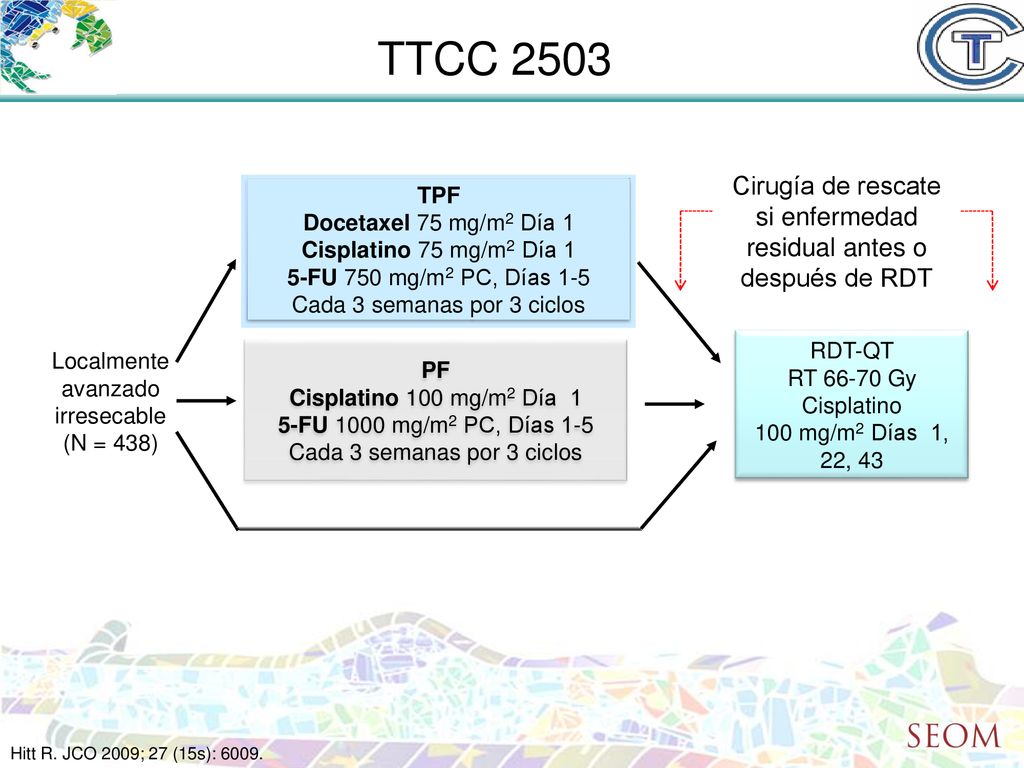 TTCC 2503 Cirugía de rescate si enfermedad residual antes o después de RDT. TPF. Docetaxel 75 mg/m2 Día 1.