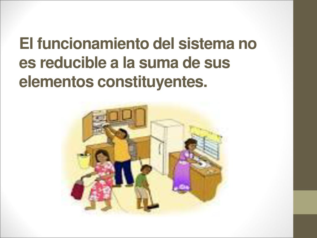 El funcionamiento del sistema no es reducible a la suma de sus elementos constituyentes.