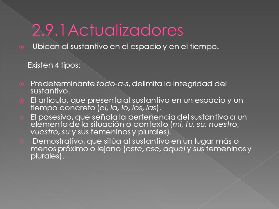 2.9.1Actualizadores Ubican al sustantivo en el espacio y en el tiempo.