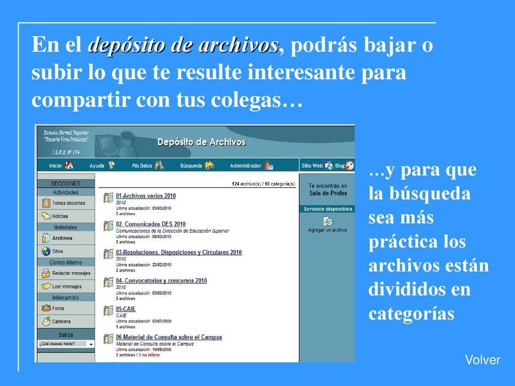 Archivos En el depósito de archivos, podrás bajar o subir lo que te resulte interesante para compartir con tus colegas…