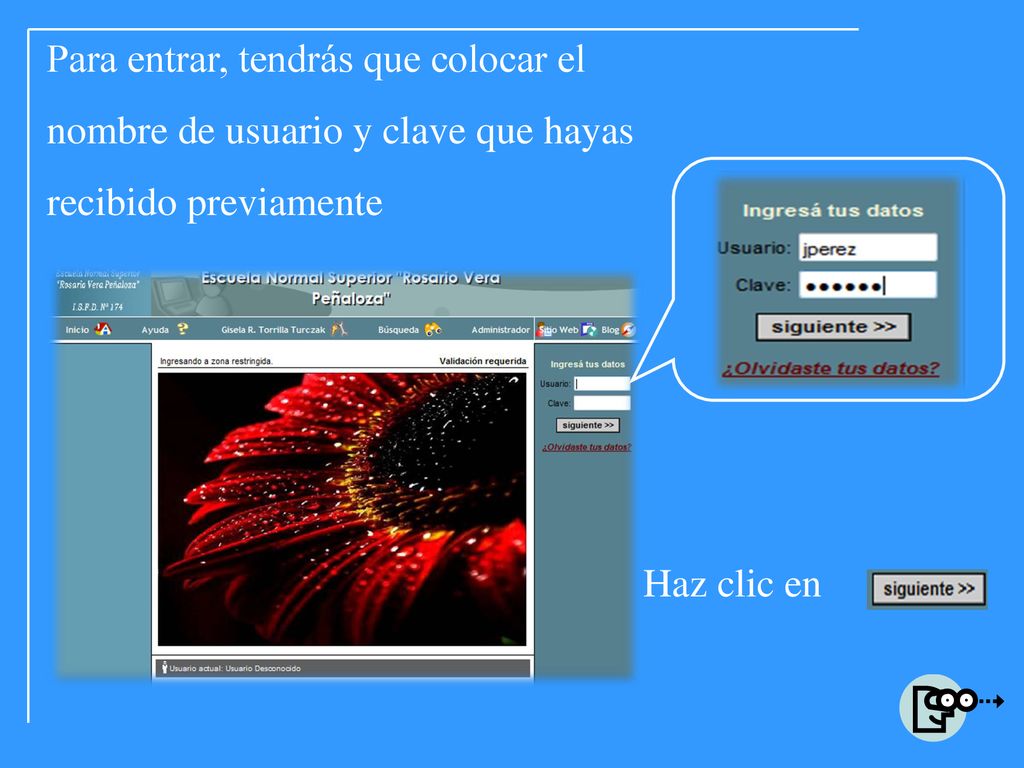 Para entrar, tendrás que colocar el nombre de usuario y clave que hayas recibido previamente
