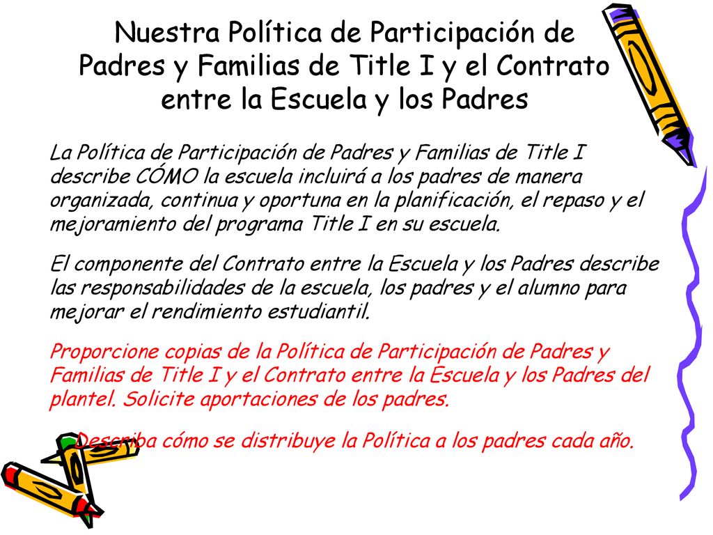 Attachment 4 Nuestra Política de Participación de Padres y Familias de Title I y el Contrato entre la Escuela y los Padres.