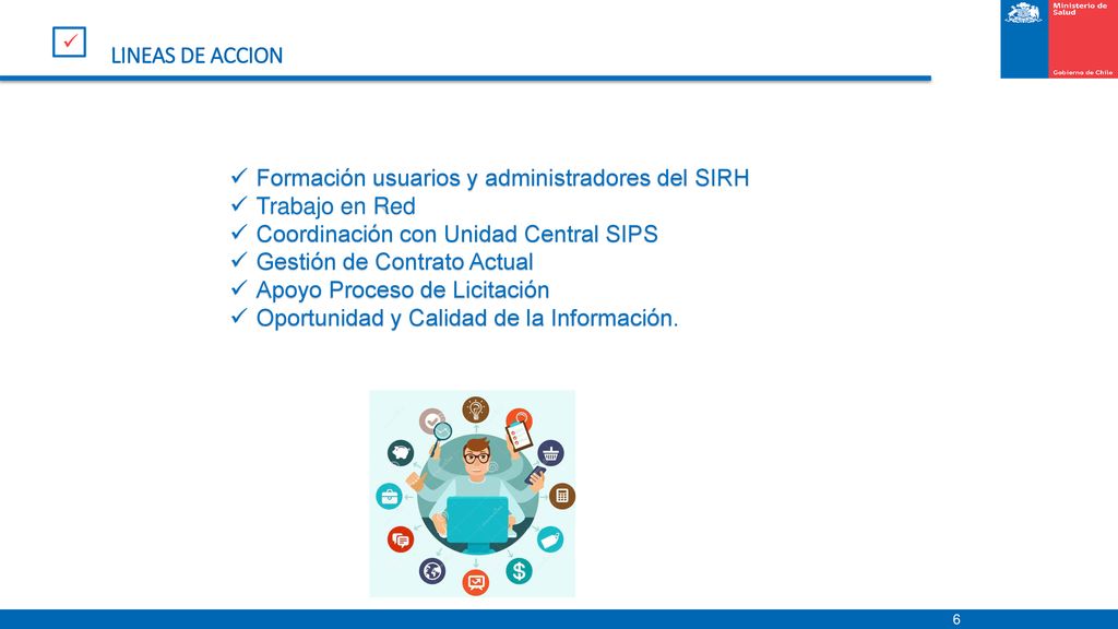 LINEAS DE ACCION Formación usuarios y administradores del SIRH. Trabajo en Red. Coordinación con Unidad Central SIPS.