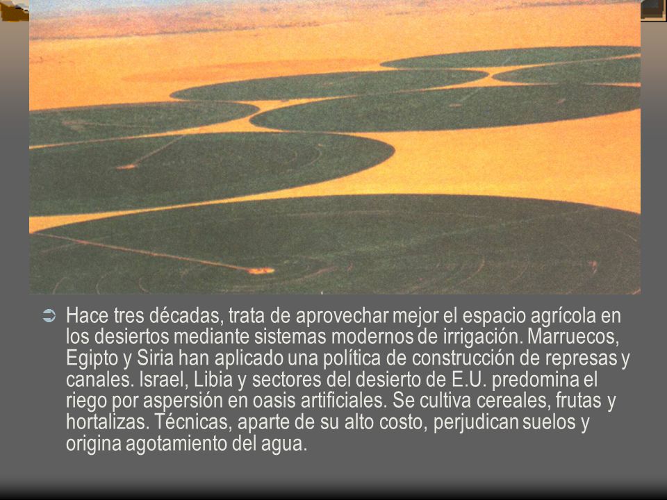 Hace tres décadas, trata de aprovechar mejor el espacio agrícola en los desiertos mediante sistemas modernos de irrigación.
