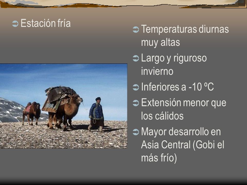 Estación fría Temperaturas diurnas muy altas. Largo y riguroso invierno. Inferiores a -10 ºC. Extensión menor que los cálidos.