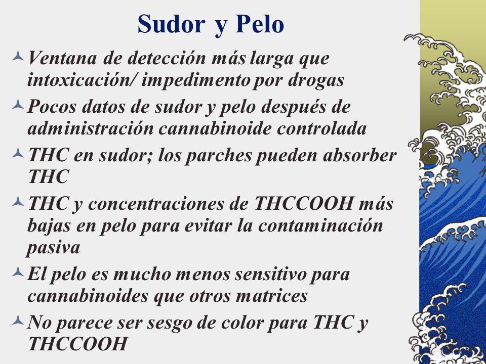 Sudor y Pelo Ventana de detección más larga que intoxicación/ impedimento por drogas.