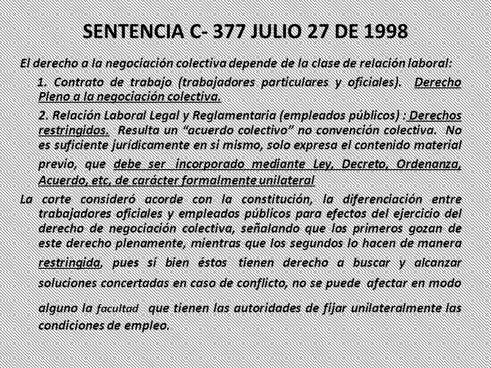 SENTENCIA C- 377 JULIO 27 DE 1998 El derecho a la negociación colectiva depende de la clase de relación laboral: