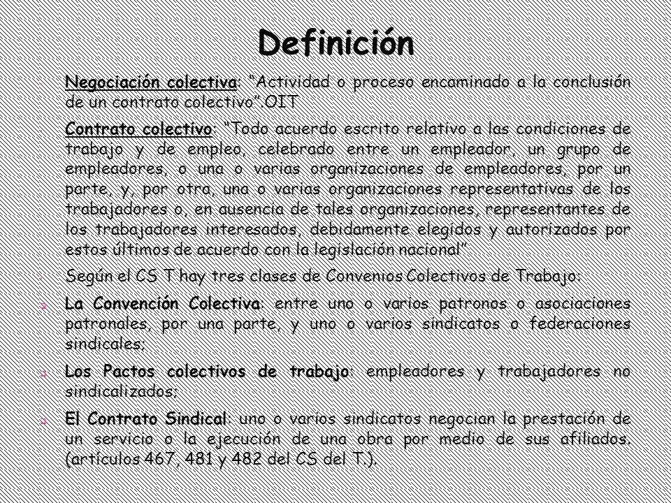Definición Negociación colectiva: Actividad o proceso encaminado a la conclusión de un contrato colectivo .OIT.