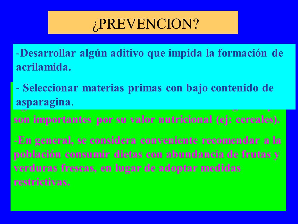 ¿PREVENCION Desarrollar algún aditivo que impida la formación de acrilamida. Seleccionar materias primas con bajo contenido de asparagina.