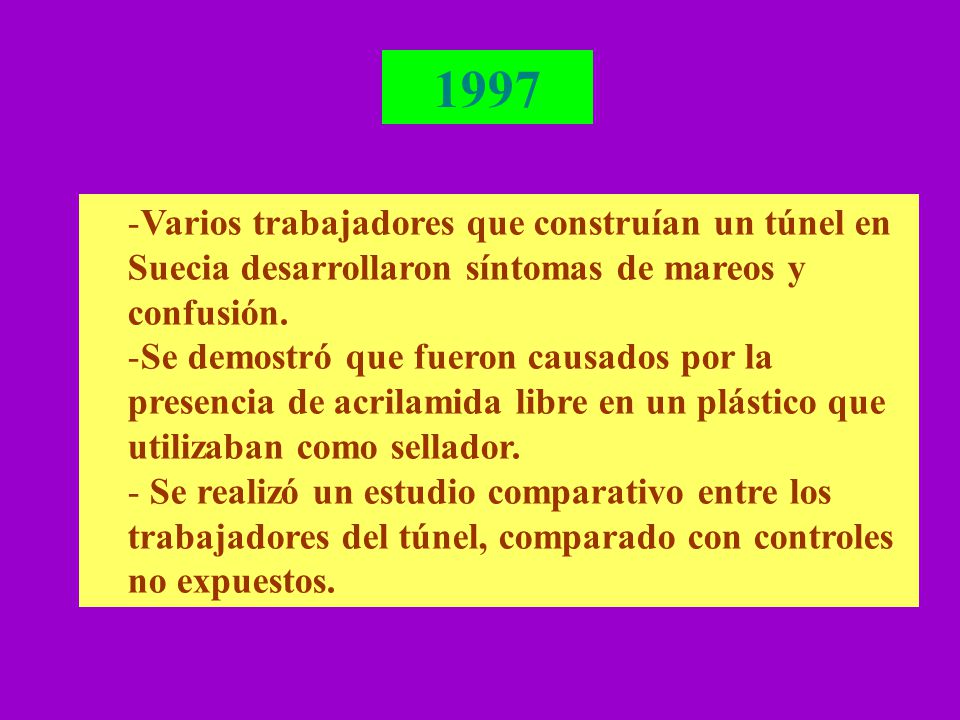 1997 Varios trabajadores que construían un túnel en Suecia desarrollaron síntomas de mareos y confusión.