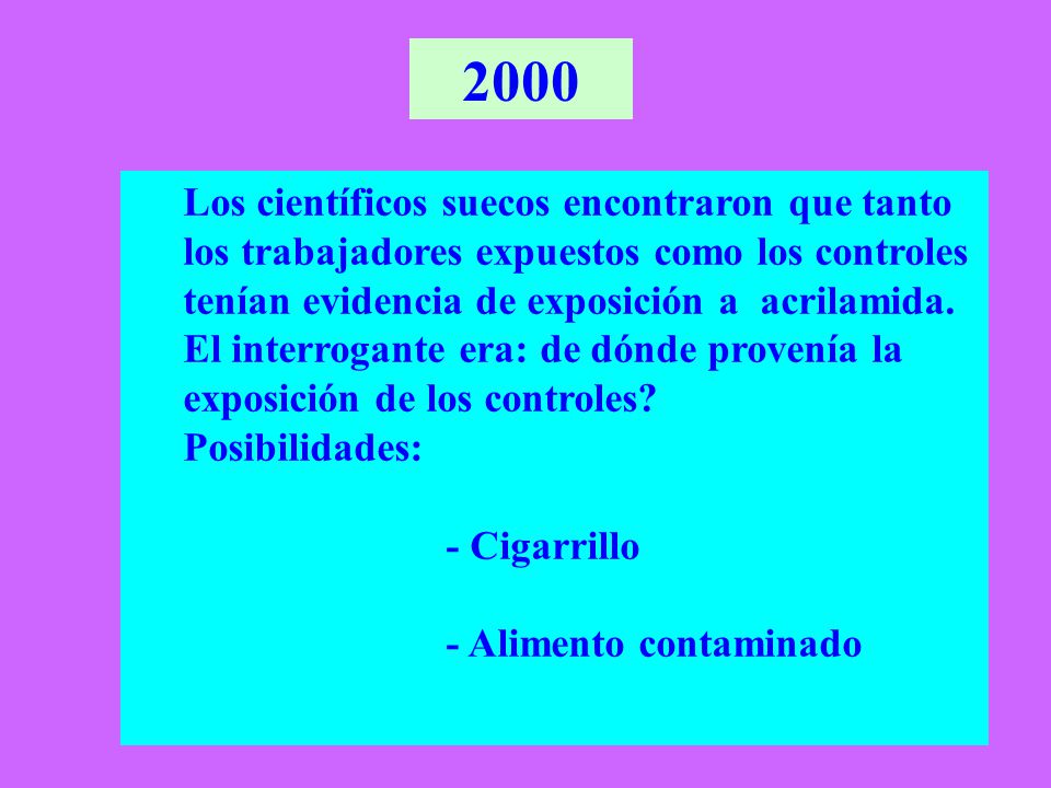 2000 Los científicos suecos encontraron que tanto los trabajadores expuestos como los controles tenían evidencia de exposición a acrilamida.