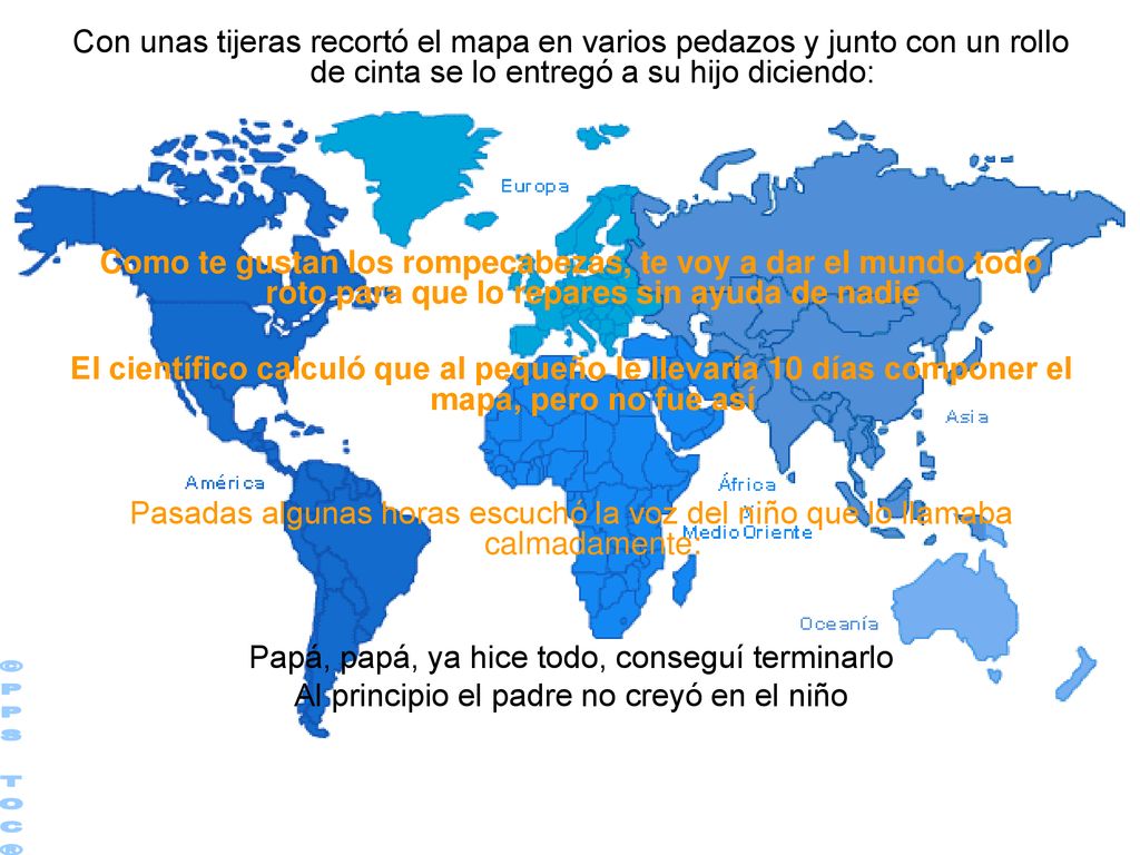 Con unas tijeras recortó el mapa en varios pedazos y junto con un rollo de cinta se lo entregó a su hijo diciendo: