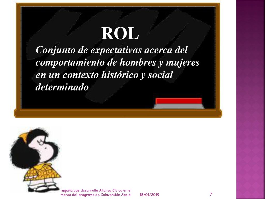 ROL Conjunto de expectativas acerca del comportamiento de hombres y mujeres en un contexto histórico y social determinado.