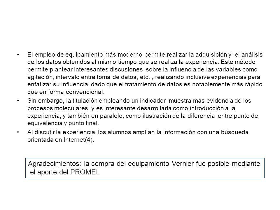El empleo de equipamiento más moderno permite realizar la adquisición y el análisis de los datos obtenidos al mismo tiempo que se realiza la experiencia. Este método permite plantear interesantes discusiones sobre la influencia de las variables como agitación, intervalo entre toma de datos, etc. , realizando inclusive experiencias para enfatizar su influencia, dado que el tratamiento de datos es notablemente más rápido que en forma convencional.
