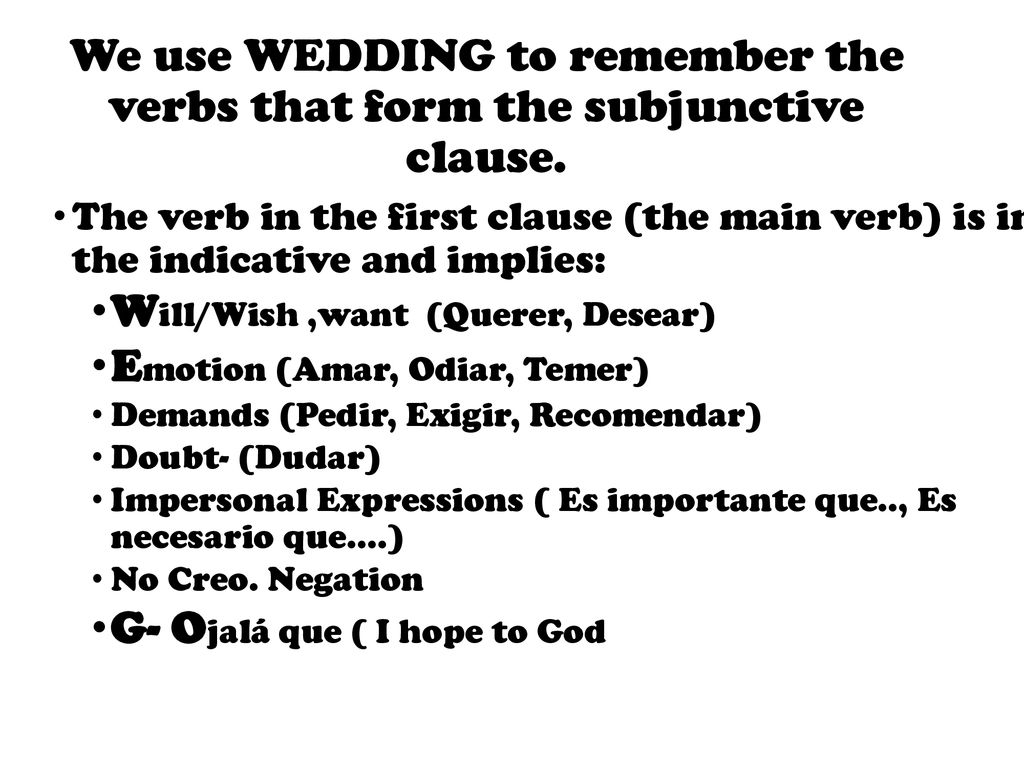 We use WEDDING to remember the verbs that form the subjunctive clause.