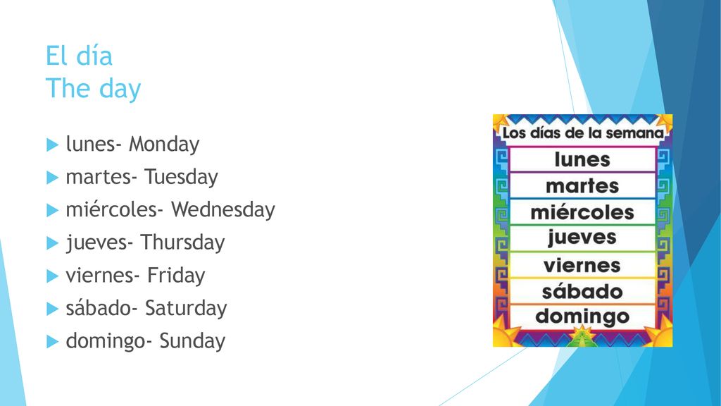 El día The day lunes- Monday martes- Tuesday miércoles- Wednesday