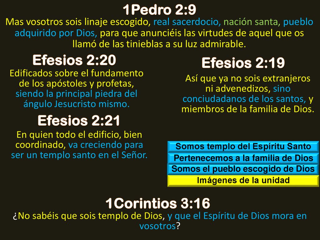 1Pedro 2:9 Efesios 2:20 Efesios 2:19 Efesios 2:21 1Corintios 3:16