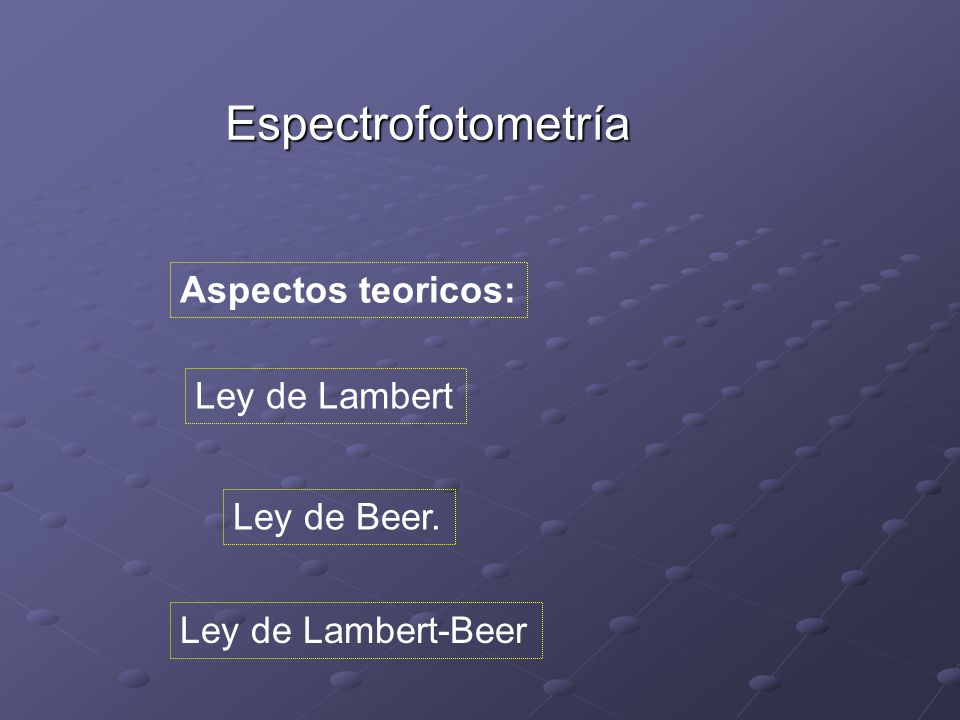 Espectrofotometría Aspectos teoricos: Ley de Lambert Ley de Beer.