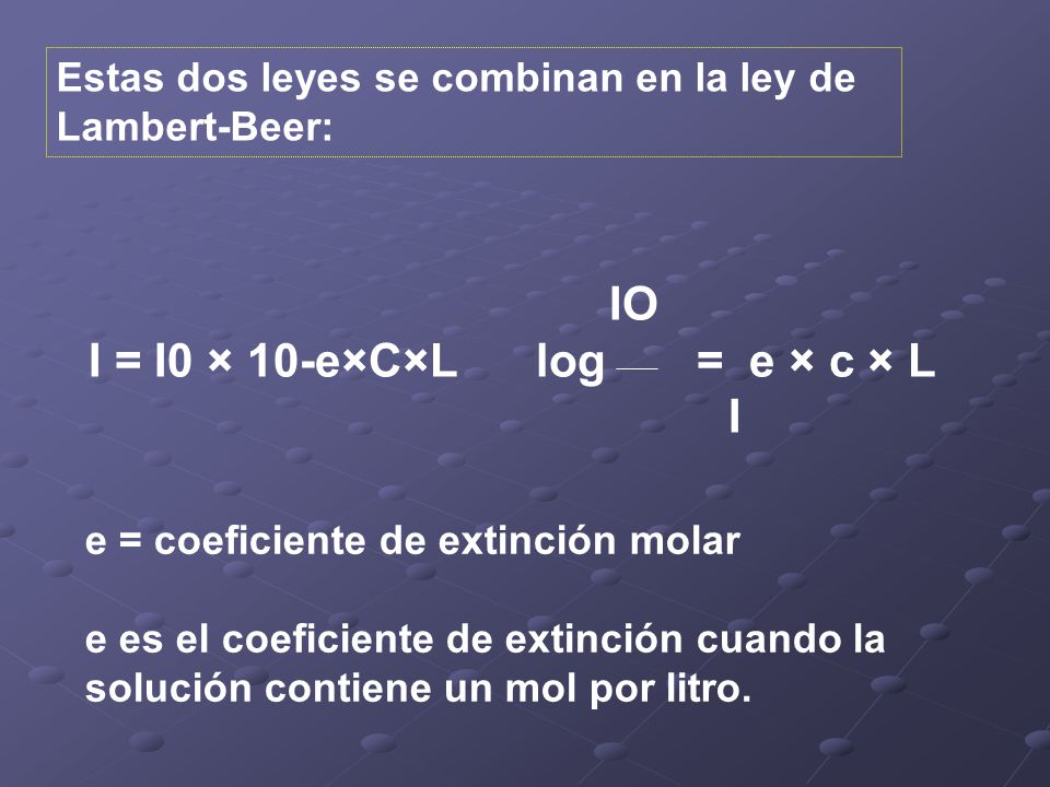 I = I0 × 10-e×C×L log = e × c × L I