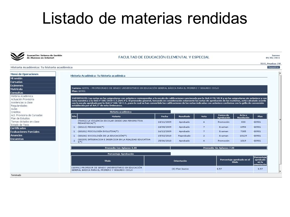 Listado de materias rendidas