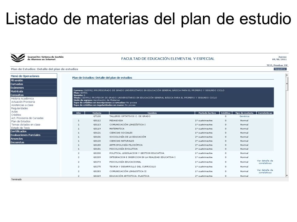 Listado de materias del plan de estudio