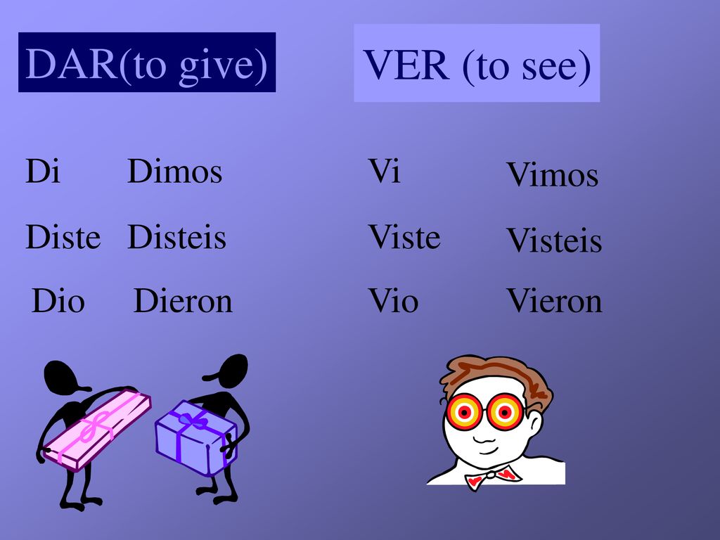 VER (to see) DAR(to give) Di Dimos Vi Vimos Diste Disteis Viste