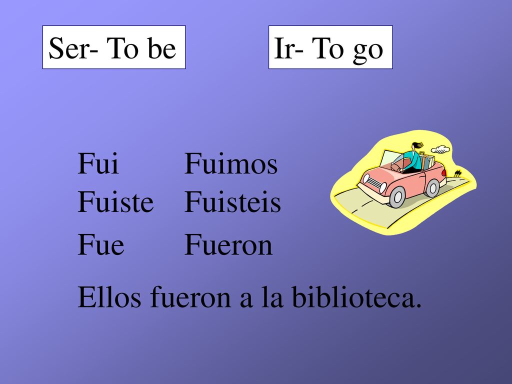 Ser- To be Ir- To go Fui Fuimos Fuiste Fuisteis Fue Fueron Ellos fueron a la biblioteca.