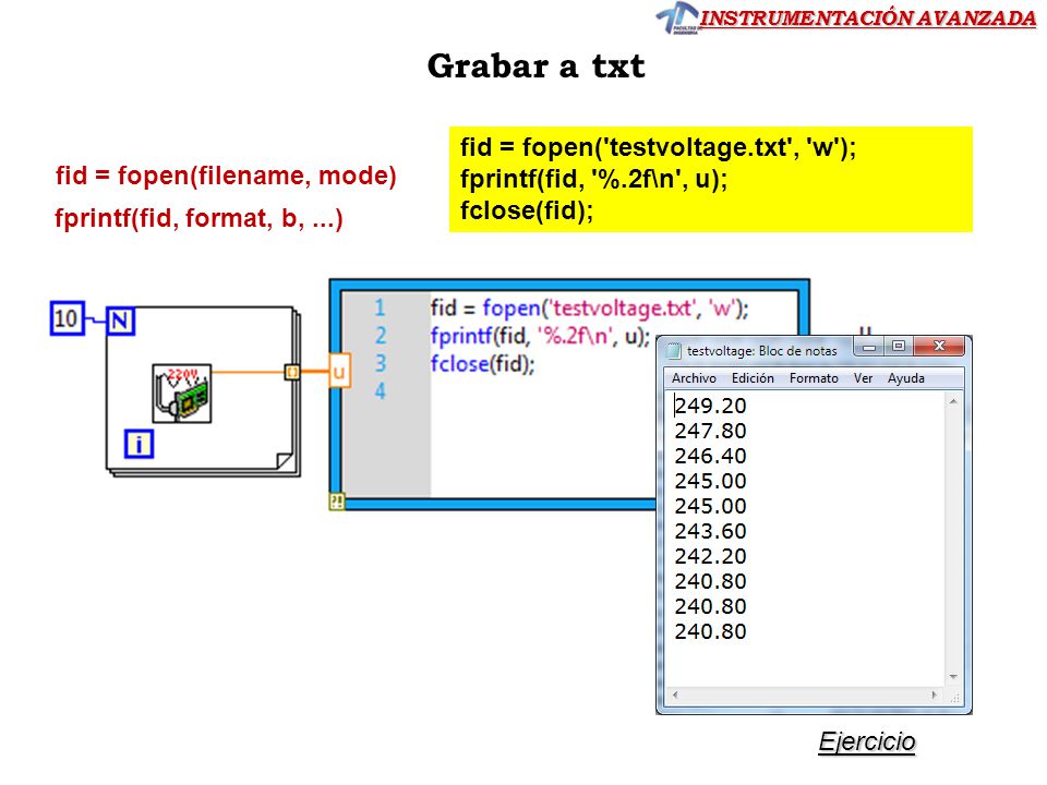 Grabar a txt fid = fopen( testvoltage.txt , w );