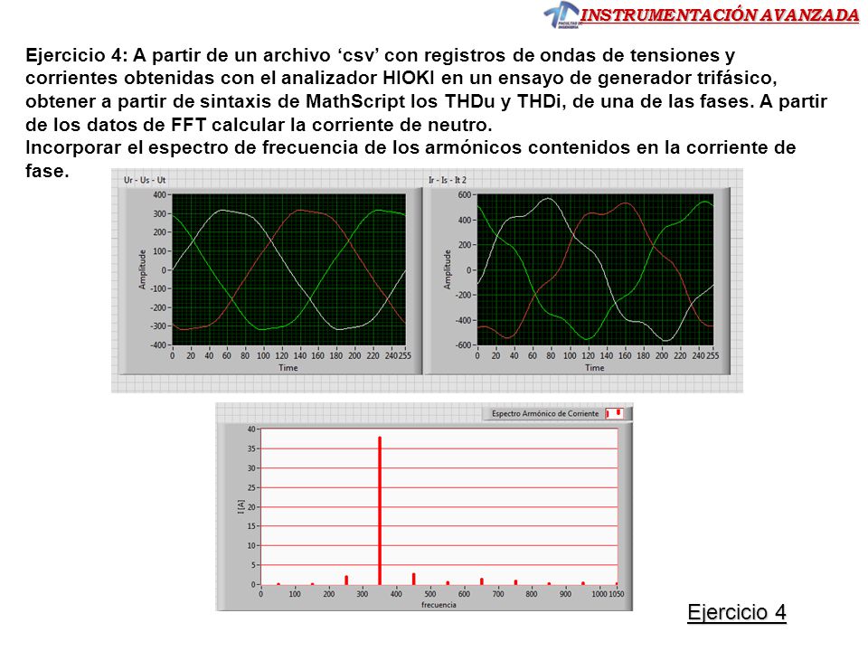 Ejercicio 4: A partir de un archivo ‘csv’ con registros de ondas de tensiones y corrientes obtenidas con el analizador HIOKI en un ensayo de generador trifásico, obtener a partir de sintaxis de MathScript los THDu y THDi, de una de las fases. A partir de los datos de FFT calcular la corriente de neutro.