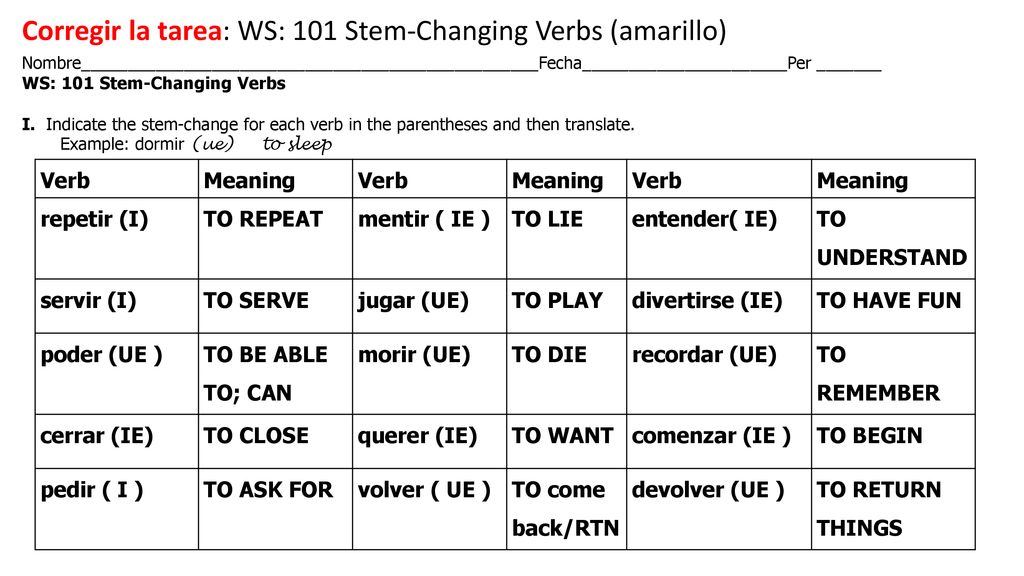 Corregir la tarea: WS: 101 Stem-Changing Verbs (amarillo)