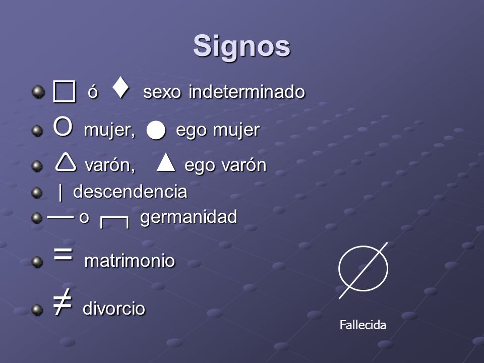 Signos  ó ♦ sexo indeterminado Ο mujer,  ego mujer