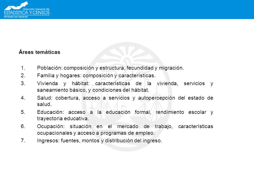 Áreas temáticas Población: composición y estructura, fecundidad y migración. Familia y hogares: composición y características.