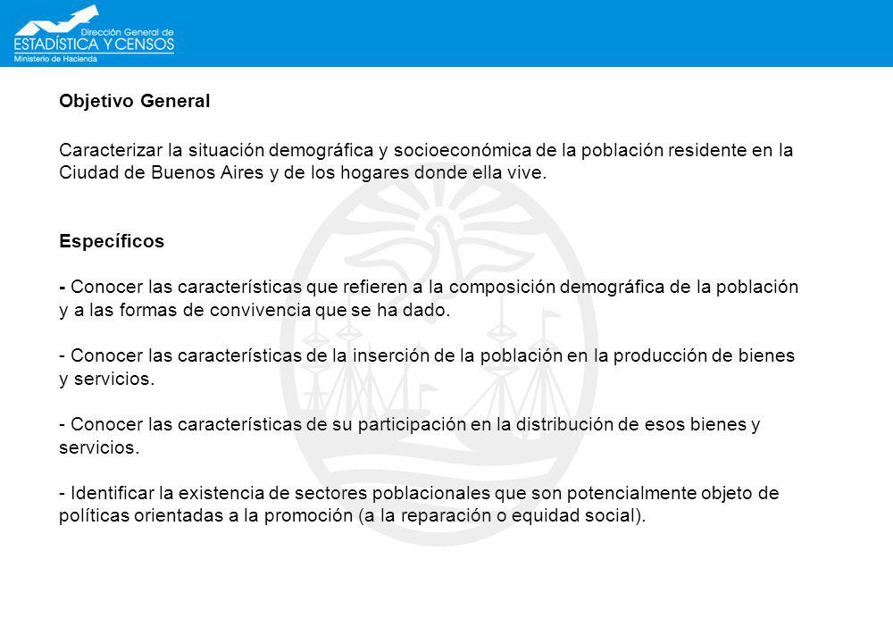 Objetivo General Caracterizar la situación demográfica y socioeconómica de la población residente en la Ciudad de Buenos Aires y de los hogares donde ella vive.