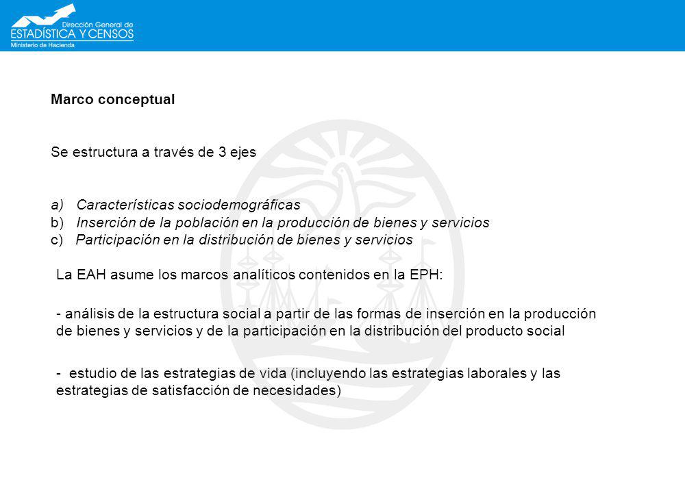 Marco conceptual Se estructura a través de 3 ejes a) Características sociodemográficas b) Inserción de la población en la producción de bienes y servicios c) Participación en la distribución de bienes y servicios