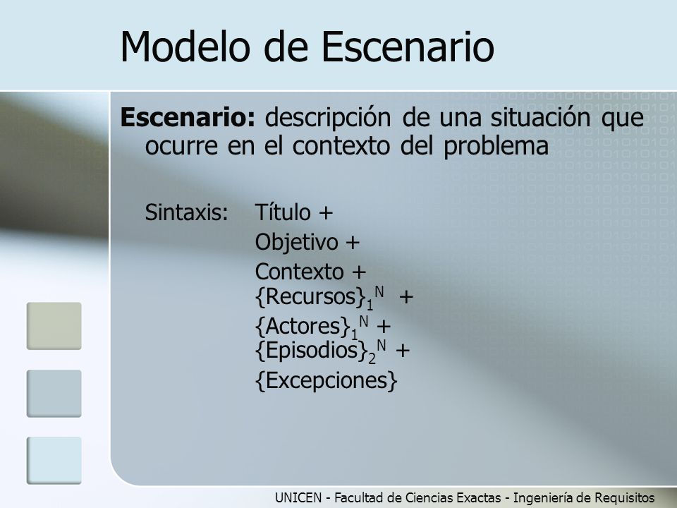 Modelo de Escenario Escenario: descripción de una situación que ocurre en el contexto del problema.