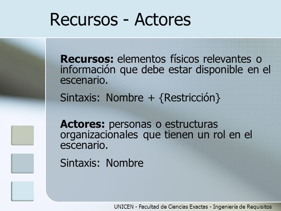 Recursos - Actores Recursos: elementos físicos relevantes o información que debe estar disponible en el escenario.